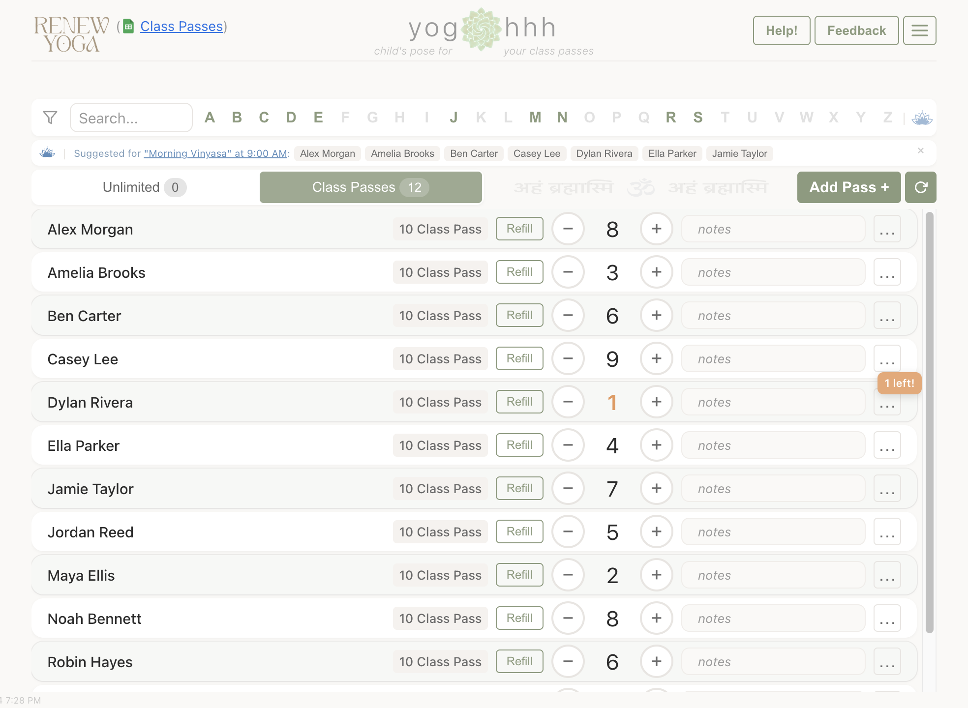 Yogahhh check-in app showing example students, class-pass balances and check-in controls